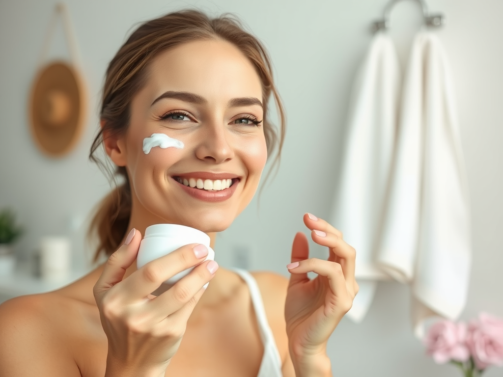 A smiling woman applies cream to her face, holding a container in one hand, in a bright, cozy bathroom.