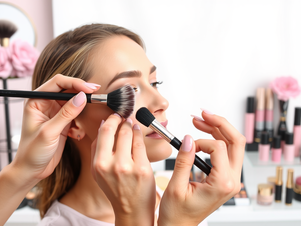 A makeup artist applies makeup to a woman's face using brushes, surrounded by various beauty products.