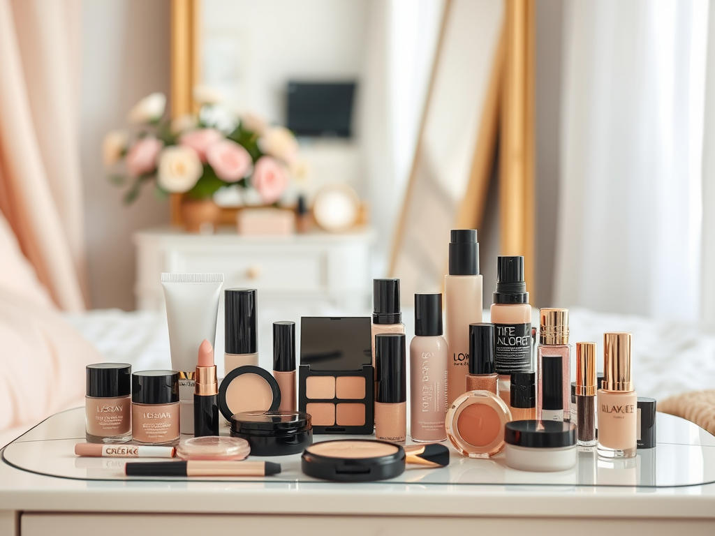 A variety of cosmetic products displayed on a table, including foundations, lipsticks, and cream palettes.