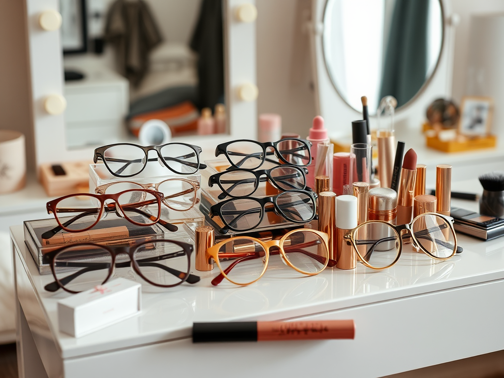 A stylish vanity table with various eyeglasses and makeup products, including lipsticks and brushes.