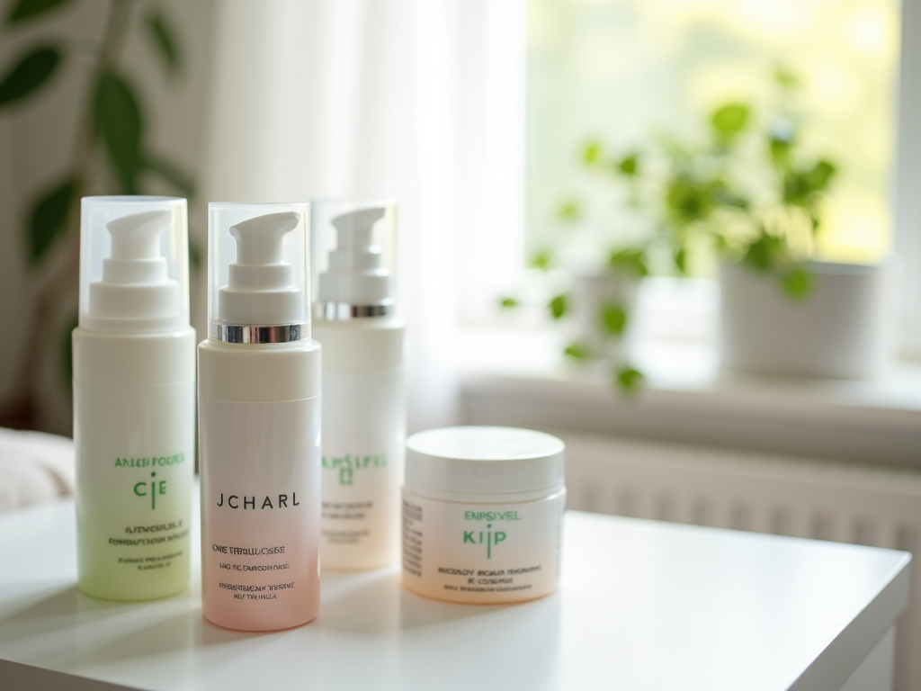 Four skincare products on a white table by a window with blurred green plants in the background.