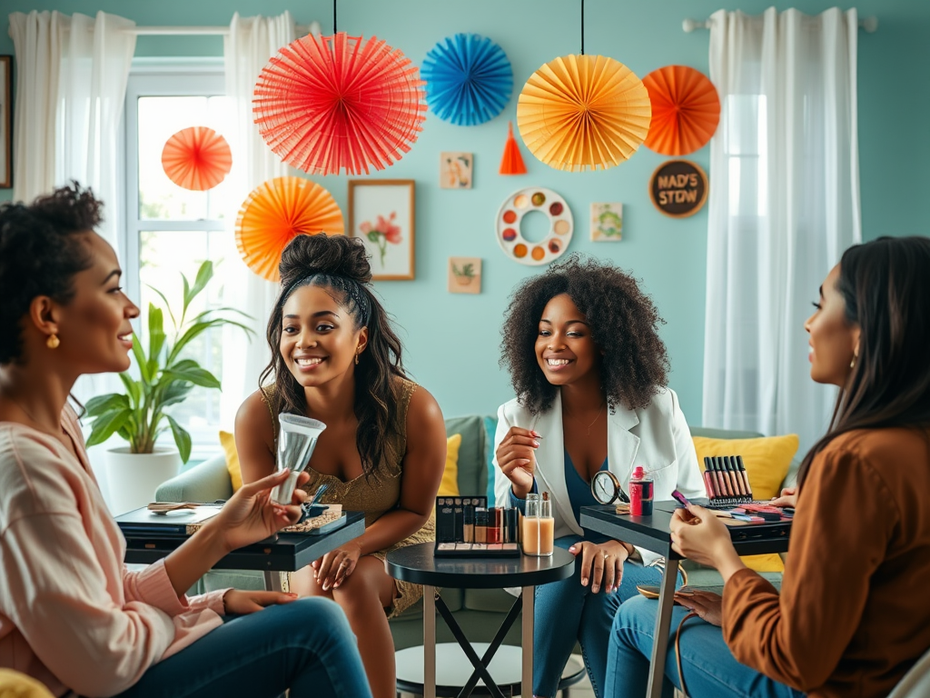 Four women share a beauty moment, enjoying makeup and laughter in a colorful, cozy setting.
