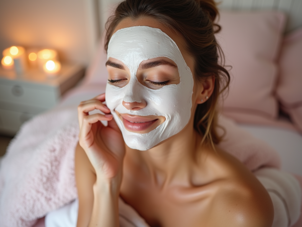 Woman relaxing with a facial mask in a cozy room with candles.