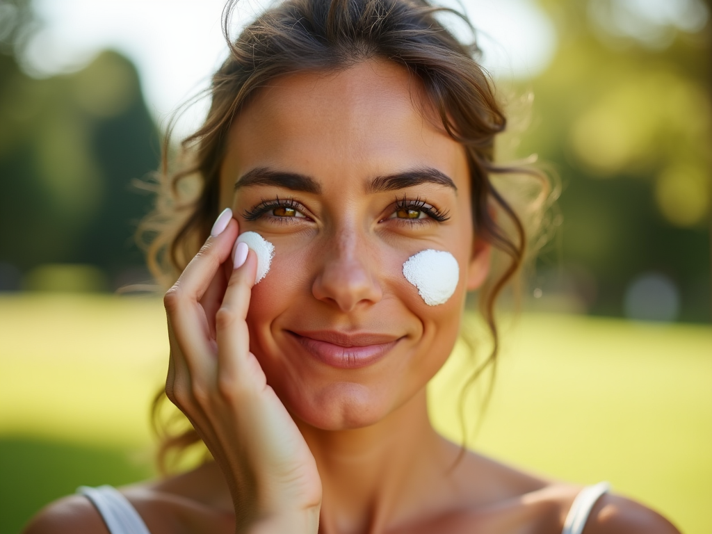 Woman applying sunscreen on her face, smiling in a sunny park setting.