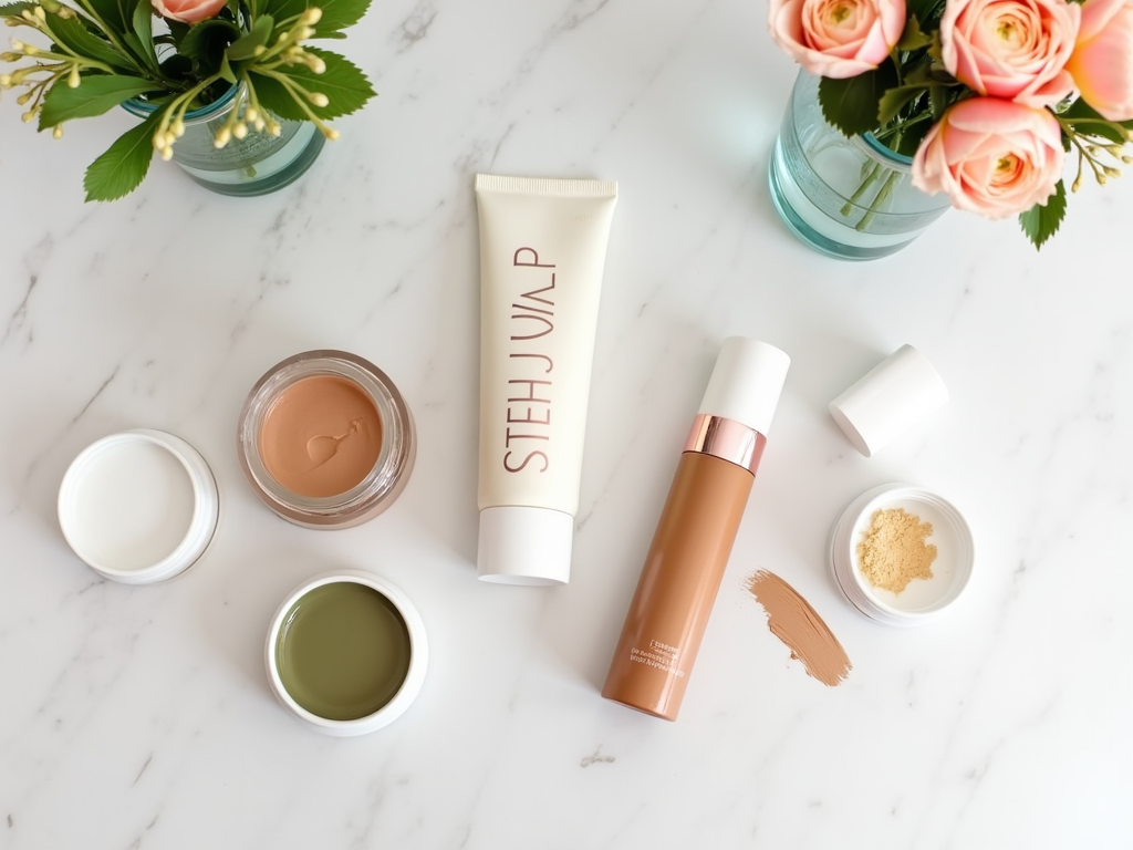 Assorted skincare products and makeup items arranged on a marble surface next to pink roses.