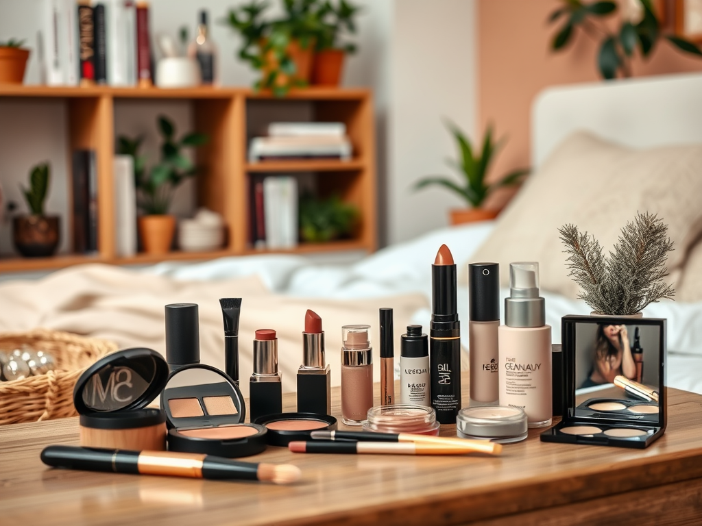 A variety of makeup products displayed on a wooden table with a cozy bed and plants in the background.