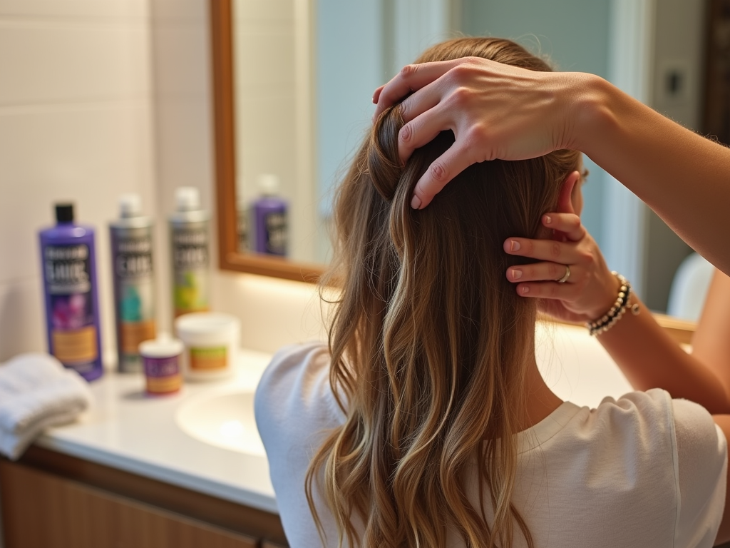 Woman styling her hair in front of a bathroom mirror with hair products visible.