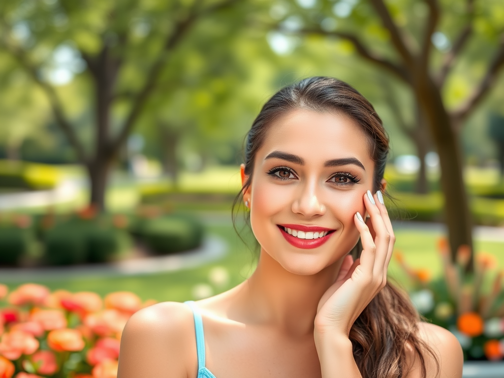 A smiling woman with long hair, wearing a blue top, poses in a garden with vibrant flowers and lush greenery.