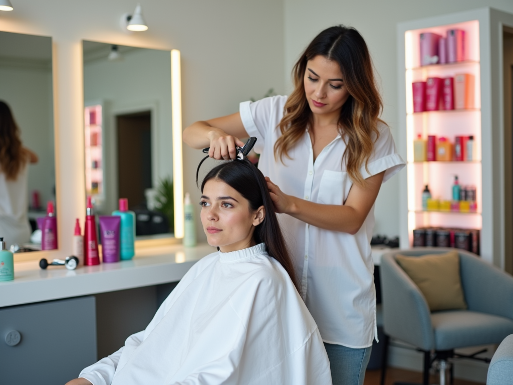 A hairstylist attentively styling a seated woman's hair in a modern salon with shelves of products in the background.