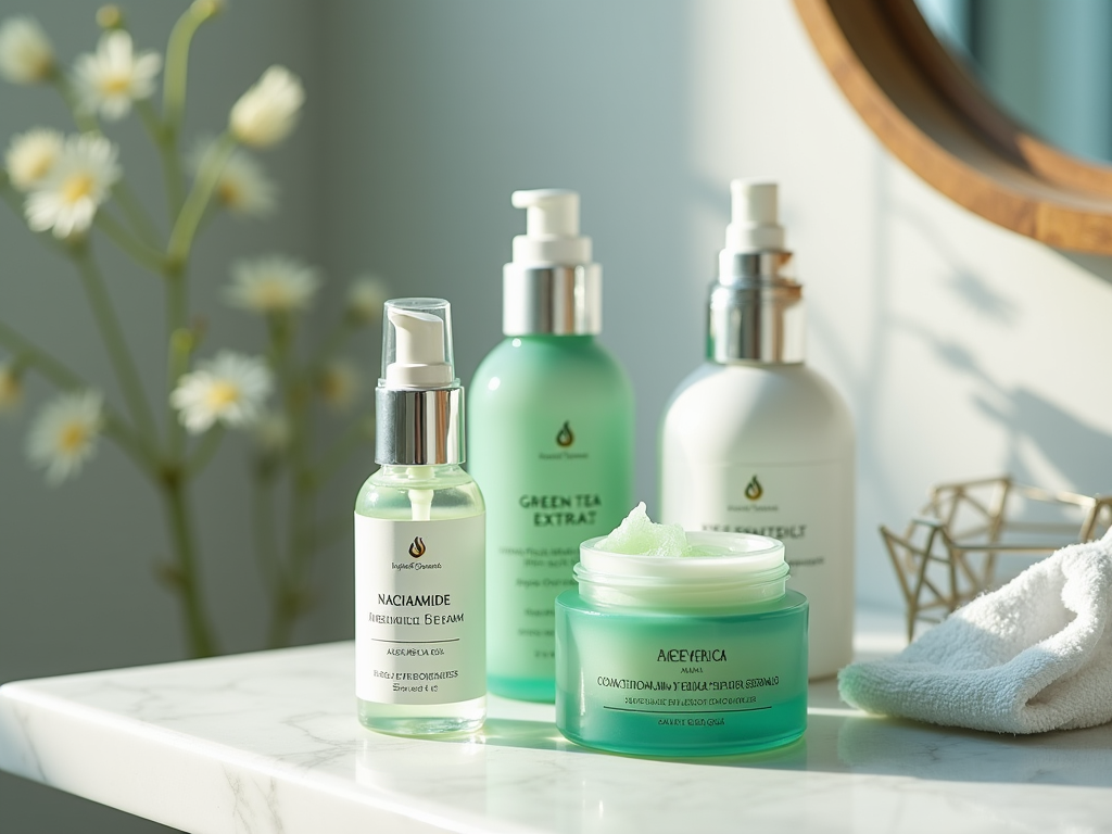 Skincare products on a bathroom counter with a round mirror and flowers in the background.