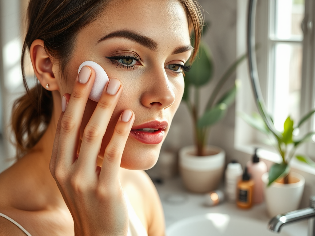 A woman gently applies makeup with a sponge, surrounded by plants and beauty products in a bright bathroom.