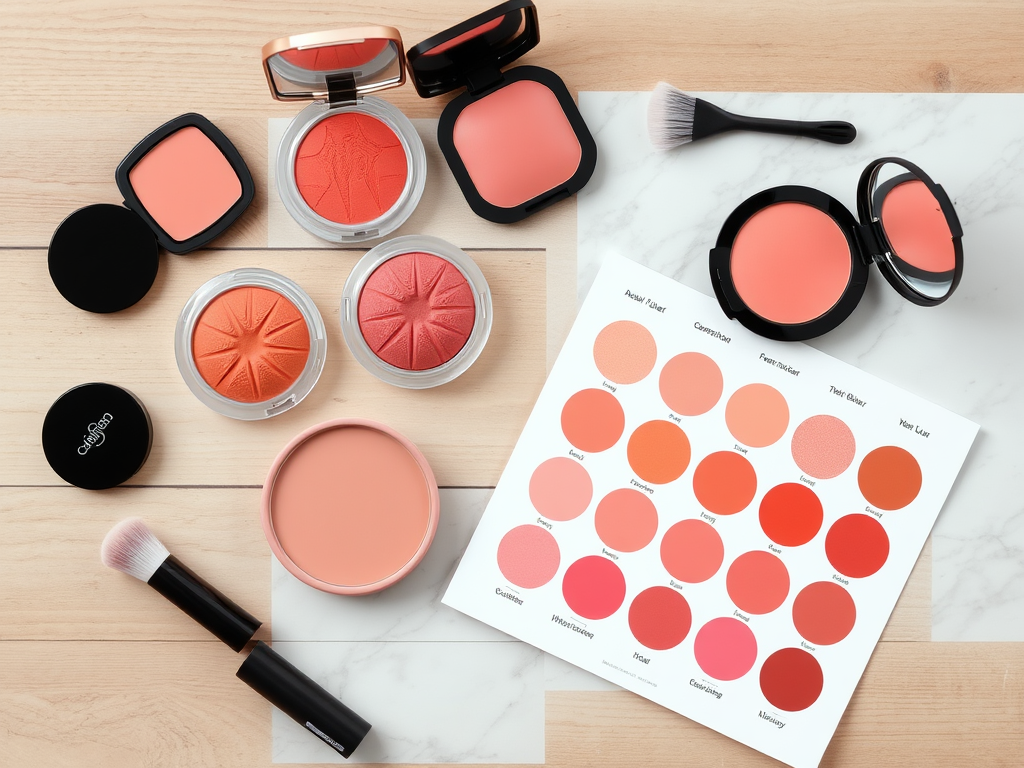 A variety of blushes, a brush, and a color palette on a light wooden surface.