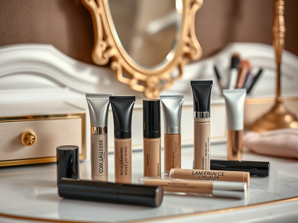 A variety of foundation and concealer tubes arranged on a vanity table, with a mirror and makeup brushes in the background.