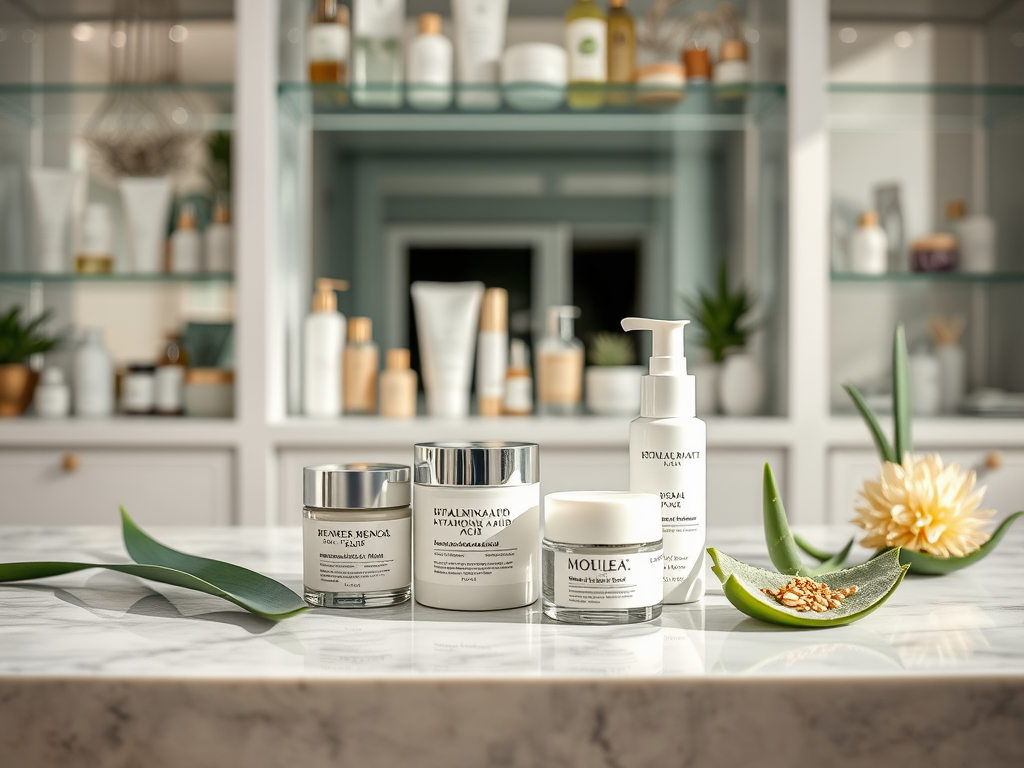 A selection of skincare products arranged on a marble surface with aloe vera and a flower in the foreground.