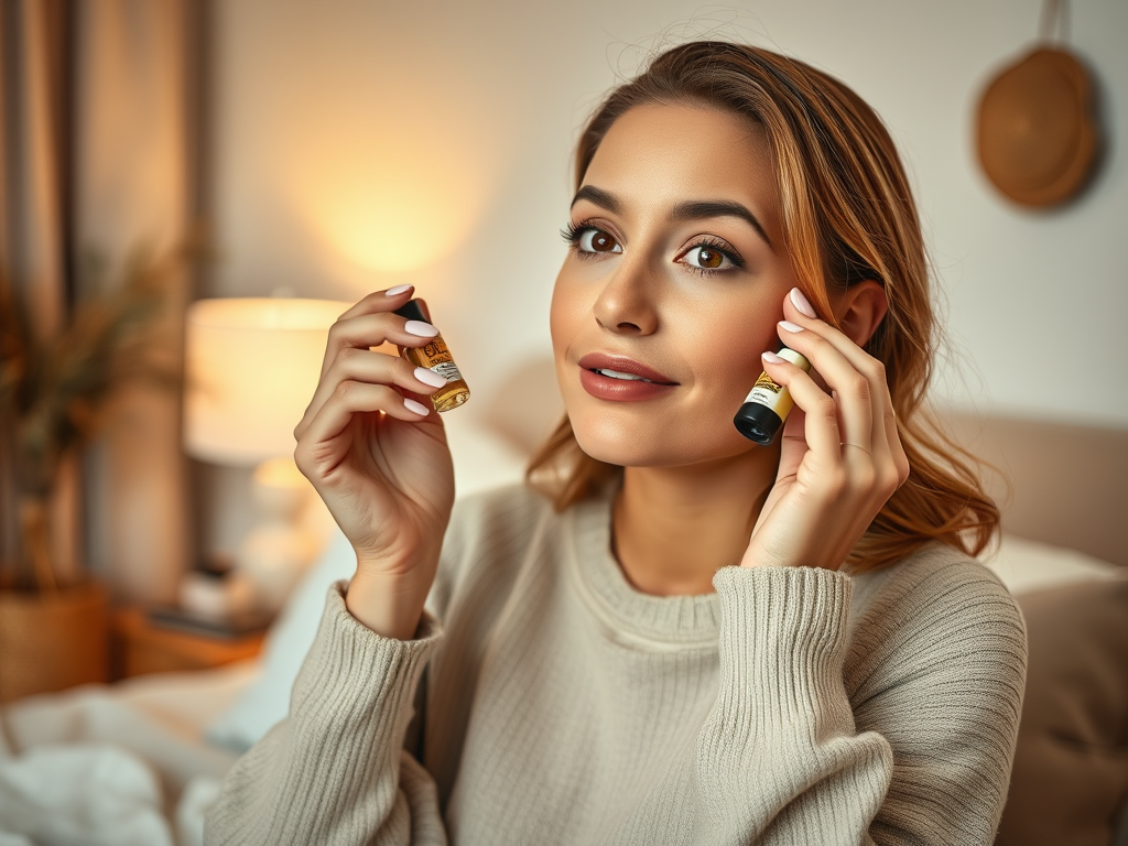 A woman holds essential oil bottles, looking thoughtfully while seated in a cozy room with soft lighting.