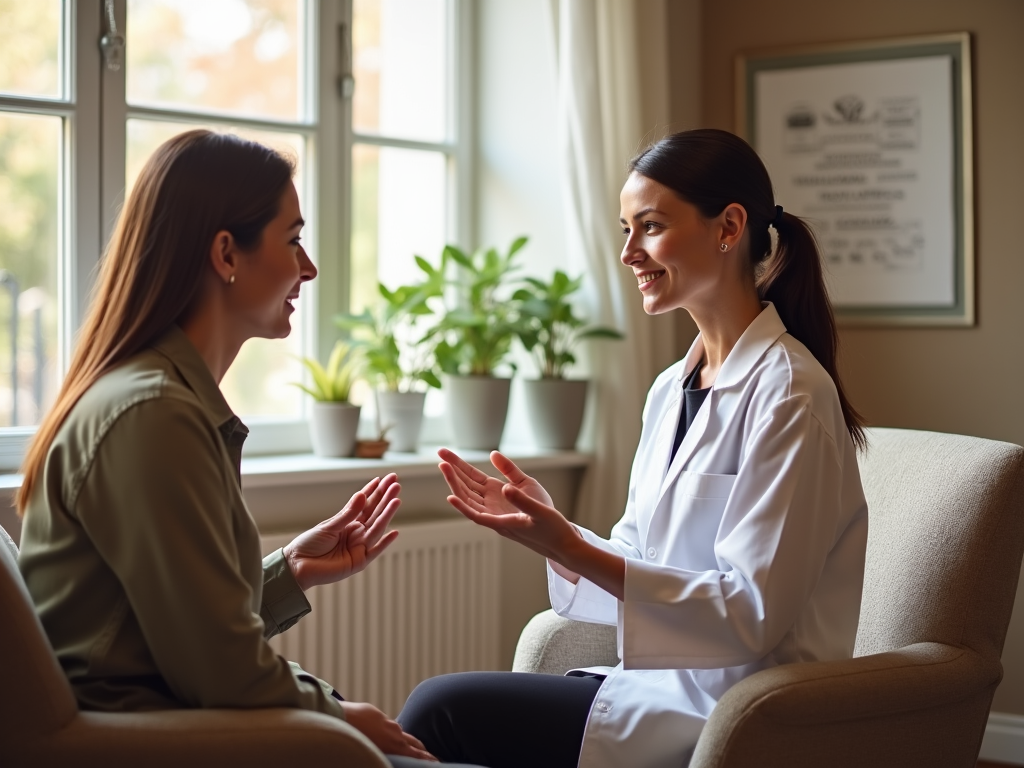 A female doctor in a white coat talking with a patient in a warmly lit office setting.