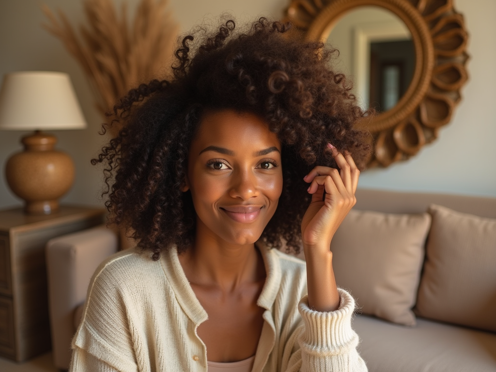 Smiling woman with curly hair sitting in a cozy room with a decorative mirror in the background.