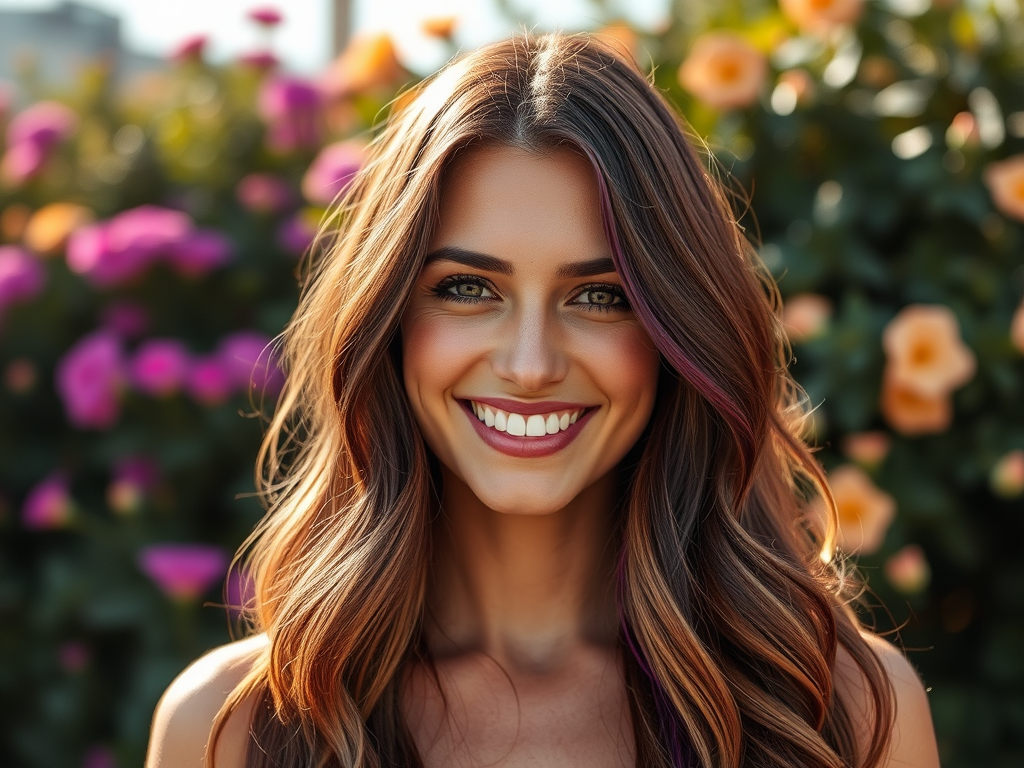 A smiling young woman with long, wavy hair stands in front of colorful flower blossoms, radiating warmth and joy.