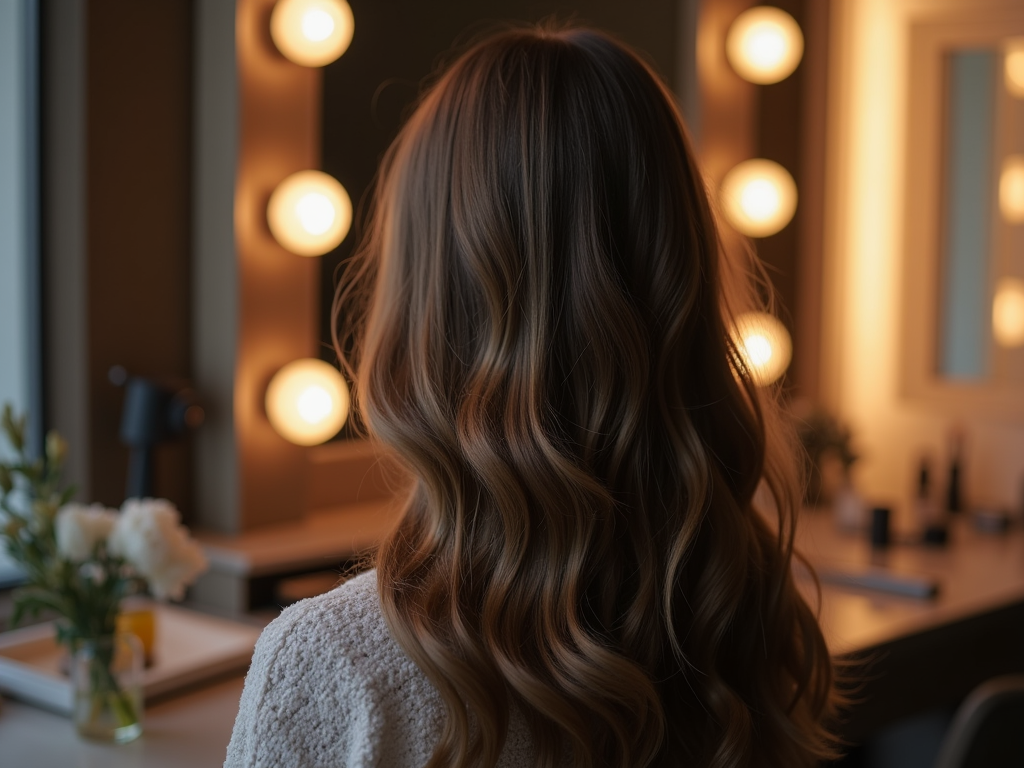 Woman with wavy hair sitting in front of a makeup mirror lined with lights.