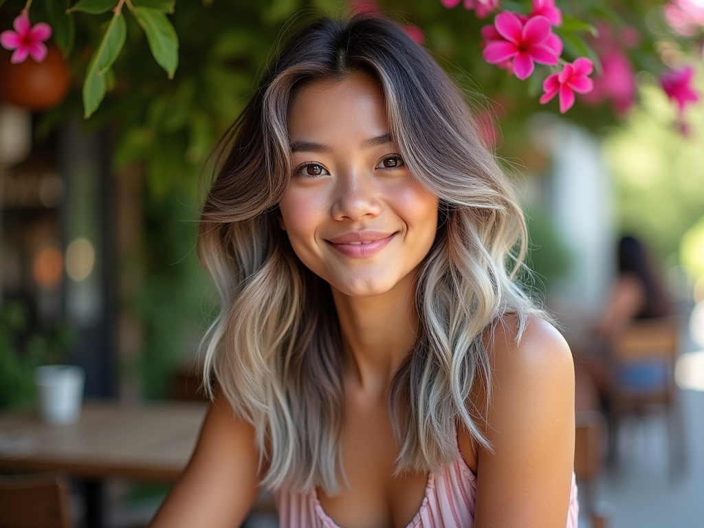 Smiling woman with blonde highlights sitting outdoors, pink flowers in background.