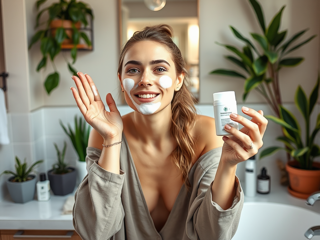 A smiling woman applies face cream in a bright bathroom with plants, holding a skincare product in one hand.