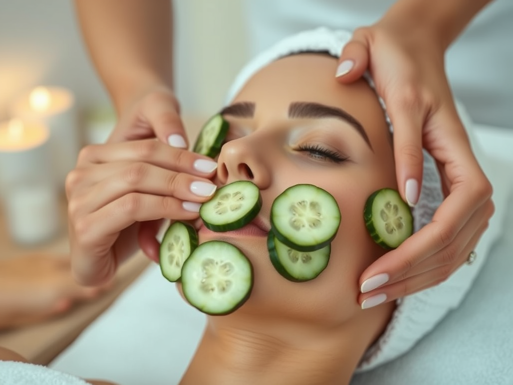 A woman relaxes with cucumber slices on her face during a spa treatment, surrounded by soft lighting.