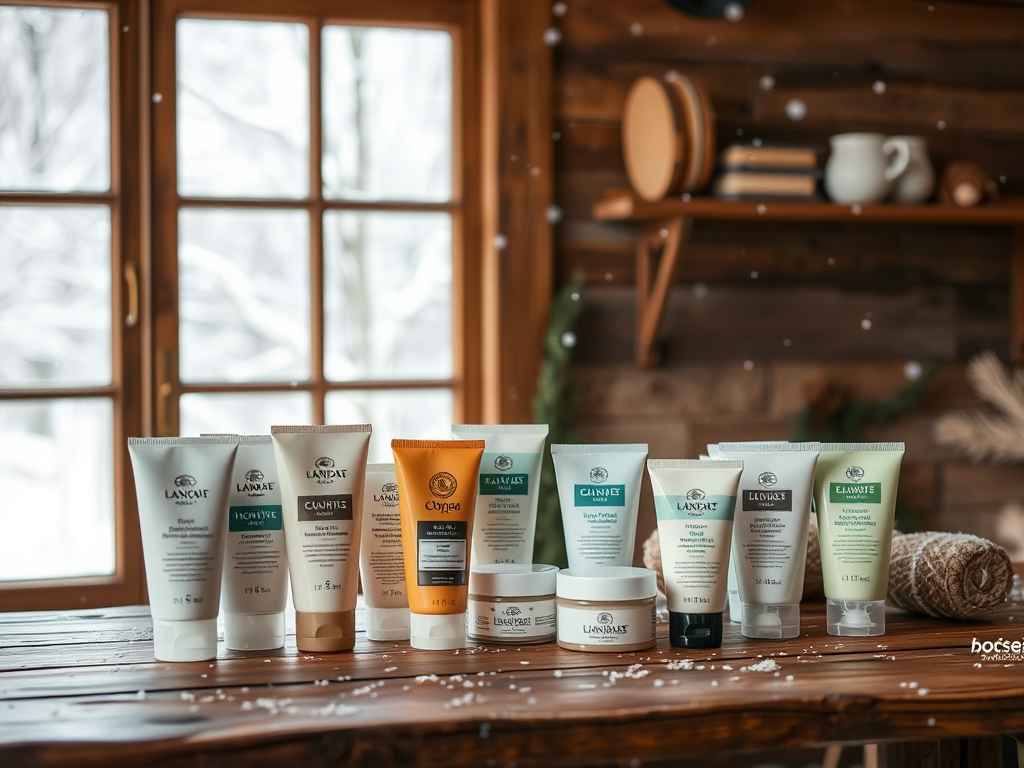 A collection of skincare tubes displayed on a wooden table, with snow visible outside the window behind them.