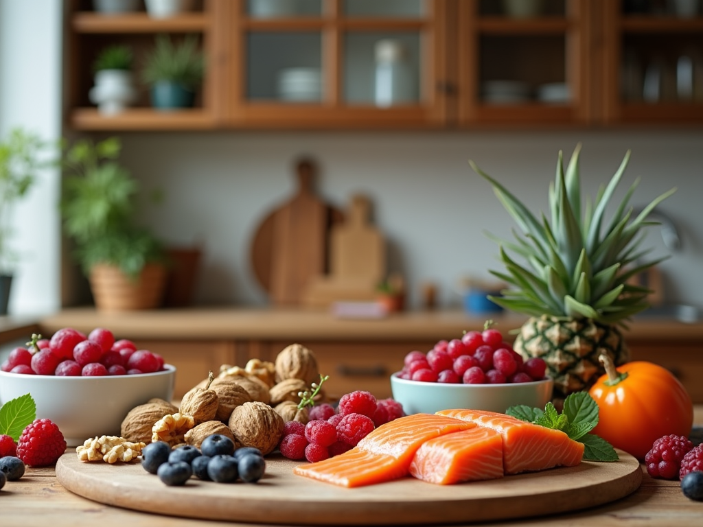 Fresh assortment of fruit, nuts, and salmon on a wooden board in a kitchen setting.