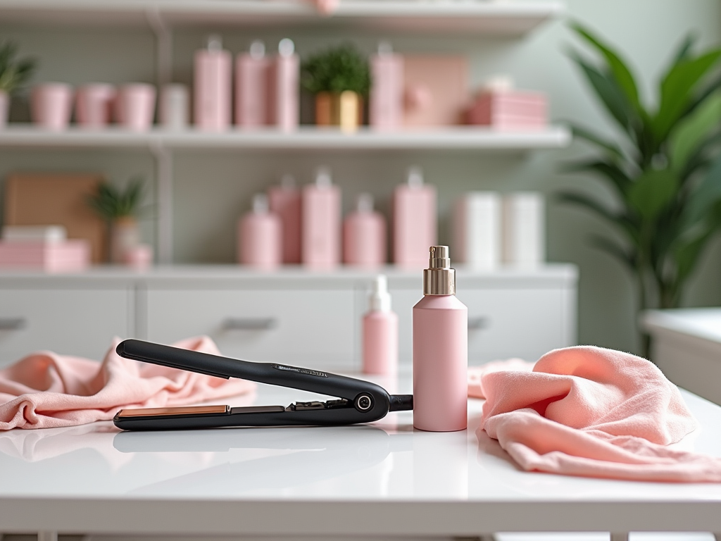 Hair straightener and pink spray bottle on a table with pink products in the background.