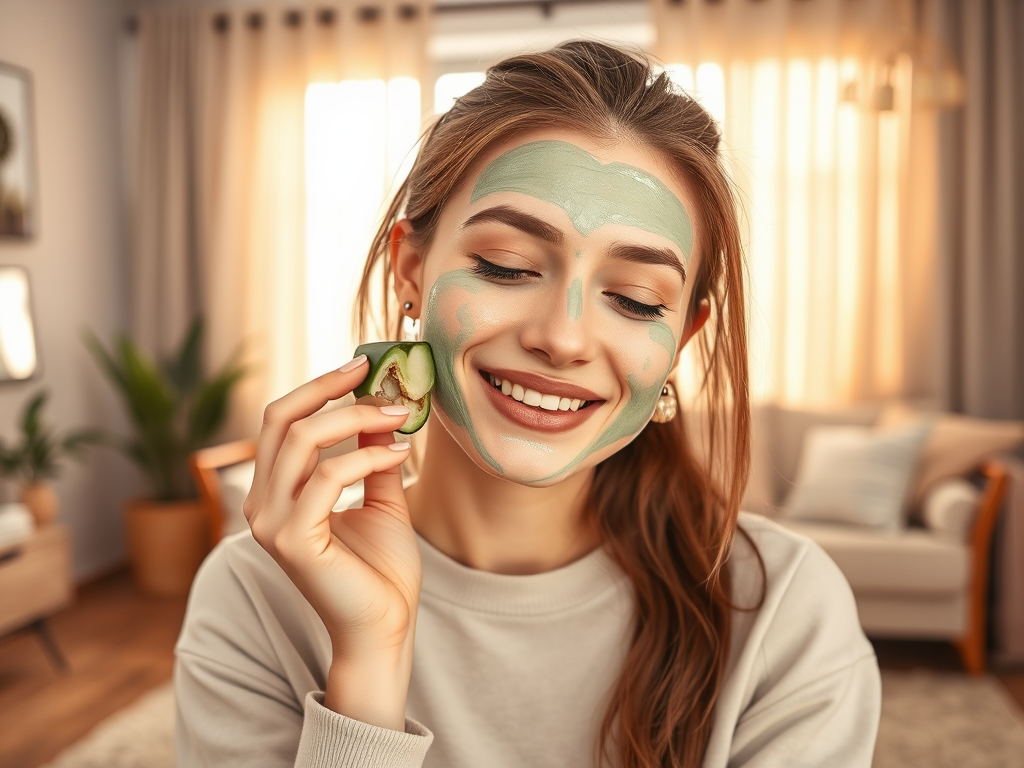 A woman with a clay mask smiles while holding a cucumber slice in a bright, cozy room.