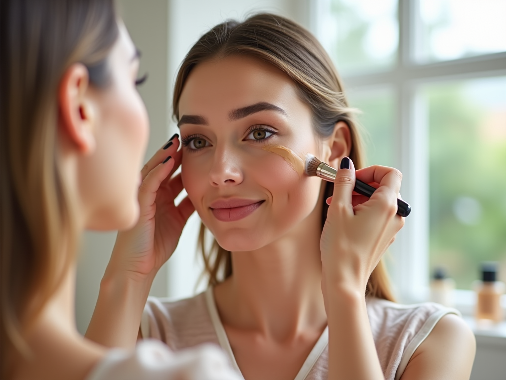 Woman applying foundation on another woman's face with a brush, by a window.