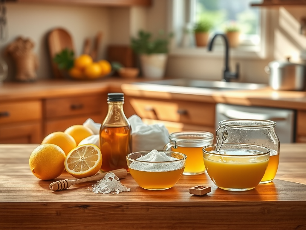 A kitchen countertop with lemons, honey, sugar, jars of liquid, and a bottle, all in a warm, inviting setting.