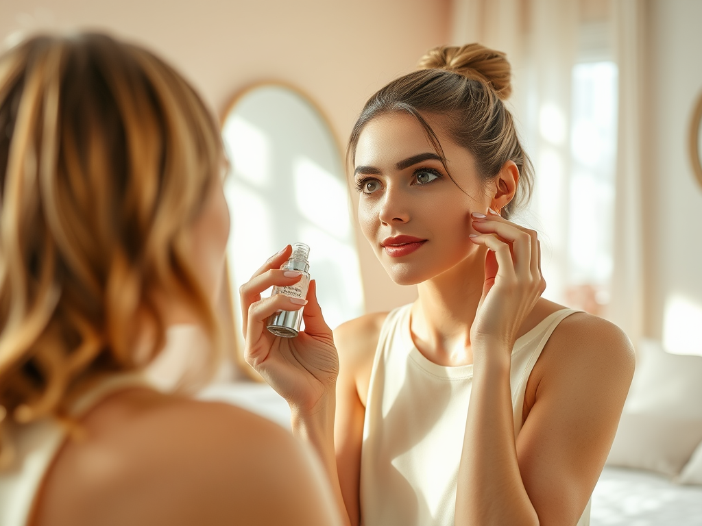 A woman with a bun applies skincare in a softly lit room with mirrors, focusing on her reflection.