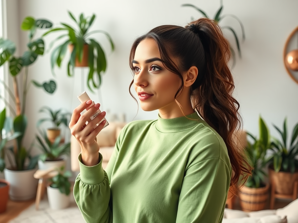A woman in a green sweater holds a small bottle, surrounded by indoor plants and a cozy living space.