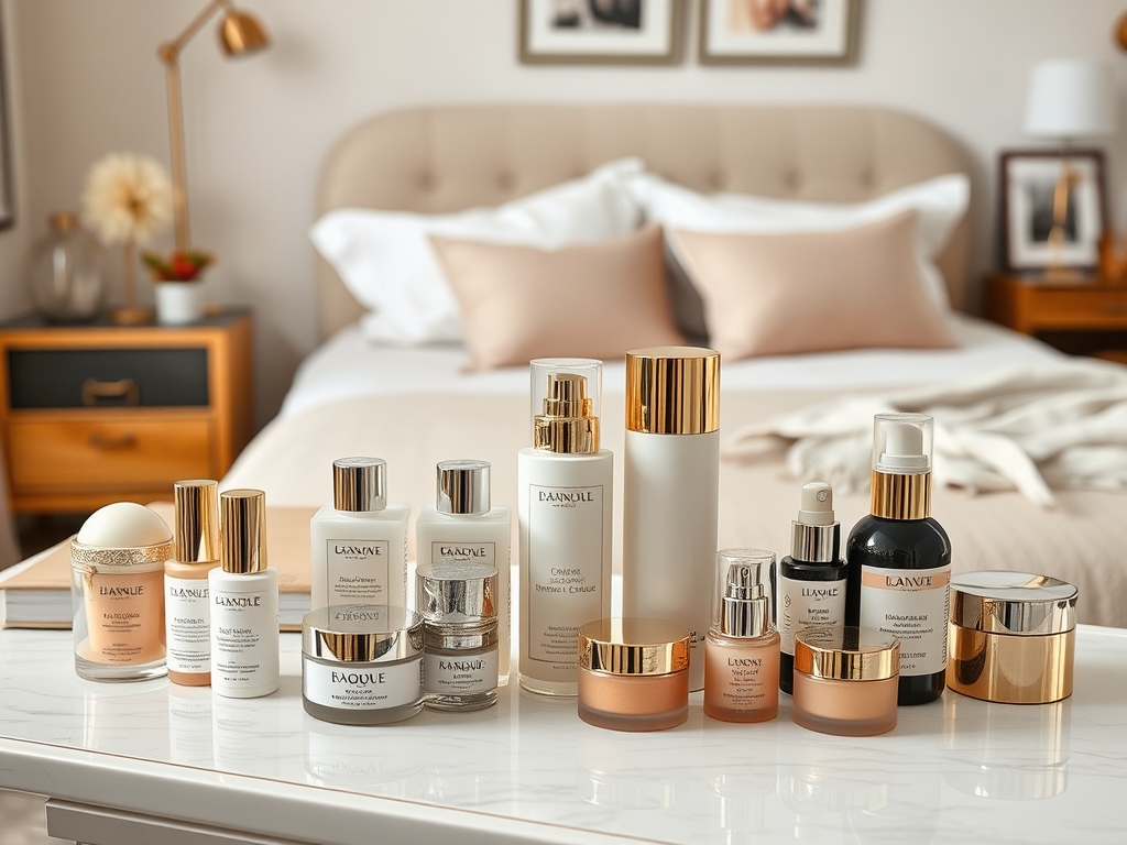 A stylish arrangement of skincare products on a table in a cozy bedroom with a neatly made bed in the background.