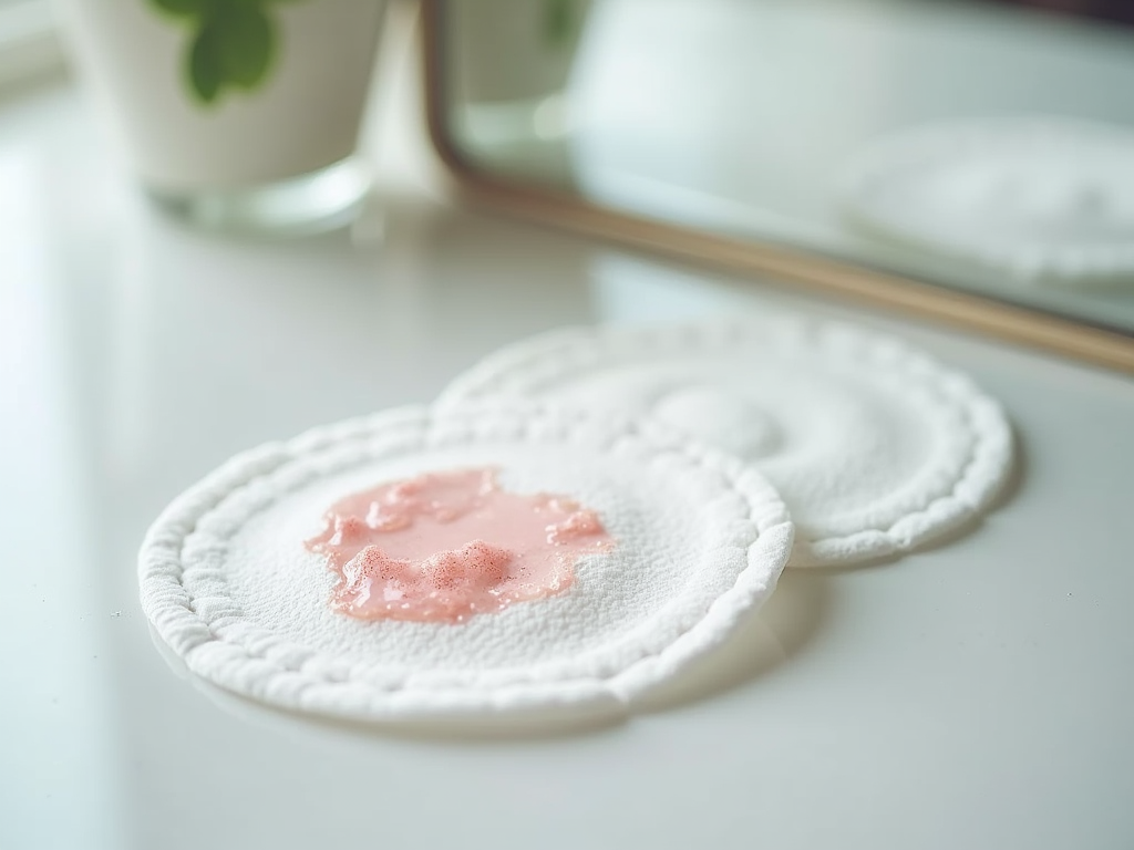 Cotton pads with pink liquid on one, on a bright table near a potted plant.