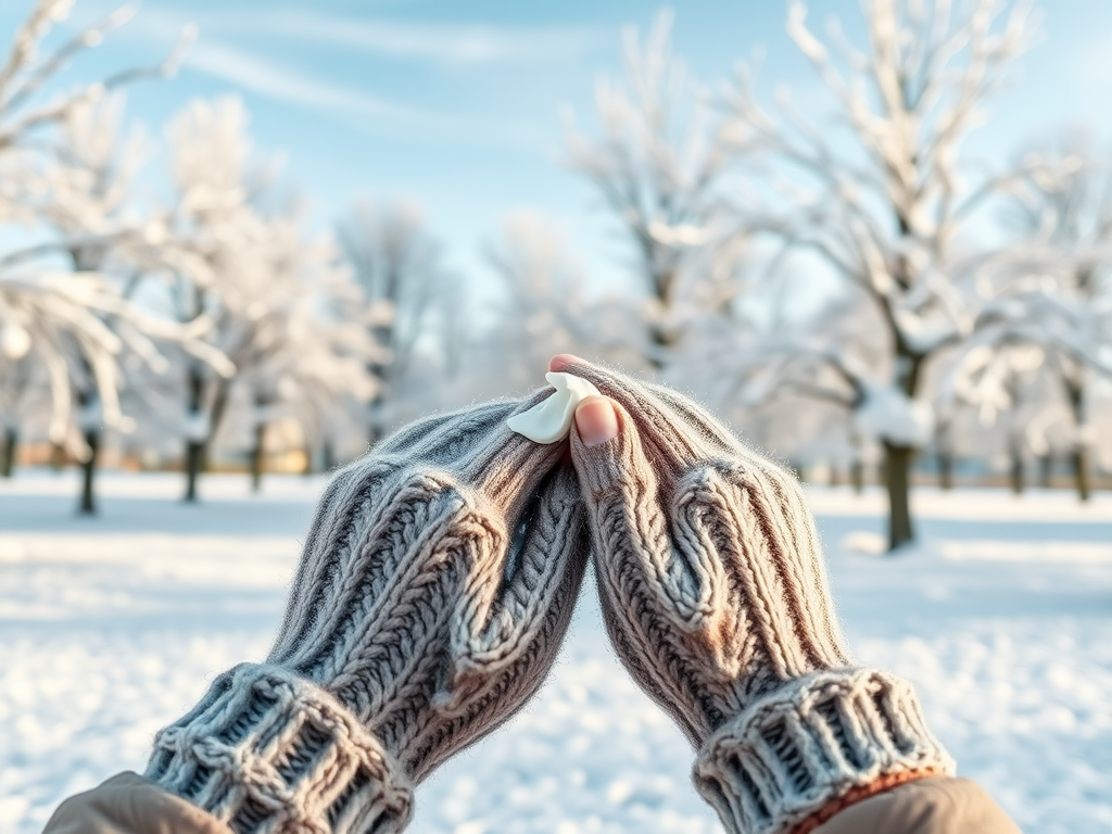 Two hands in knitted gloves hold a marshmallow against a snowy landscape with frosted trees and a blue sky.