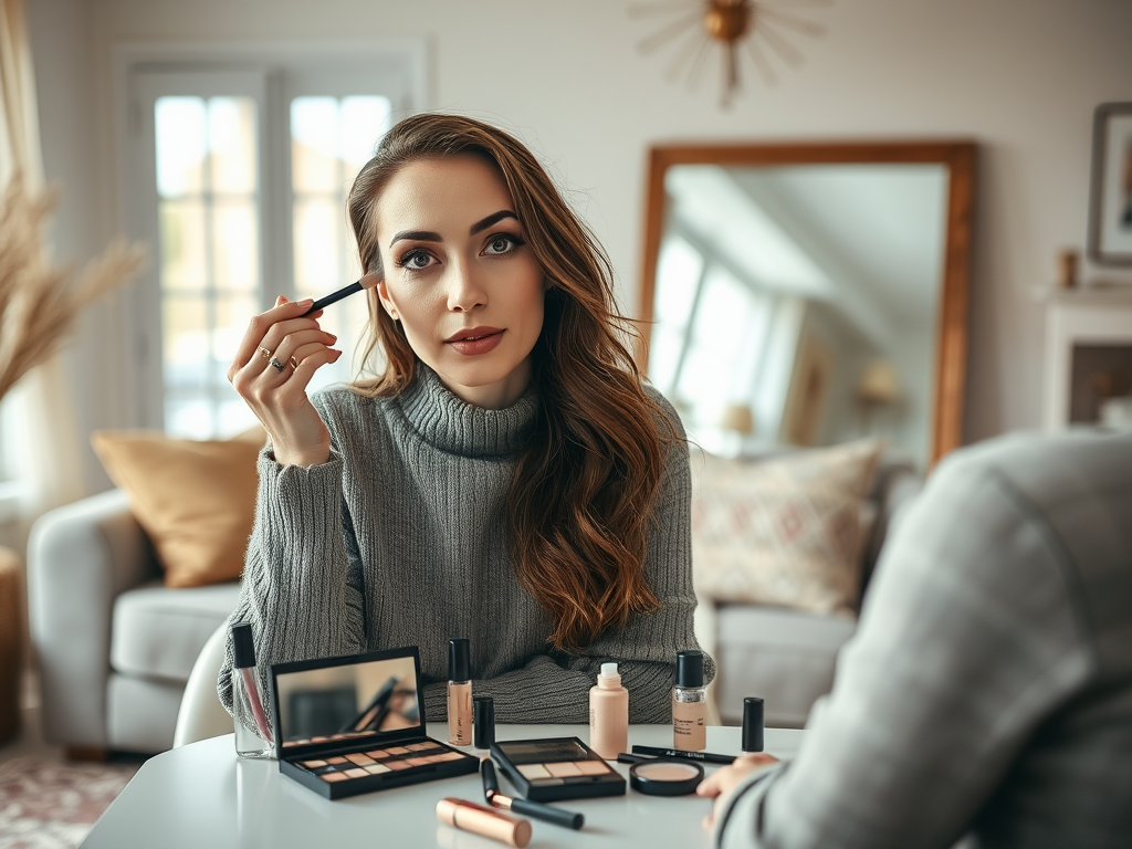 A woman with long hair sits at a table, applying makeup while looking in a mirror, surrounded by beauty products.