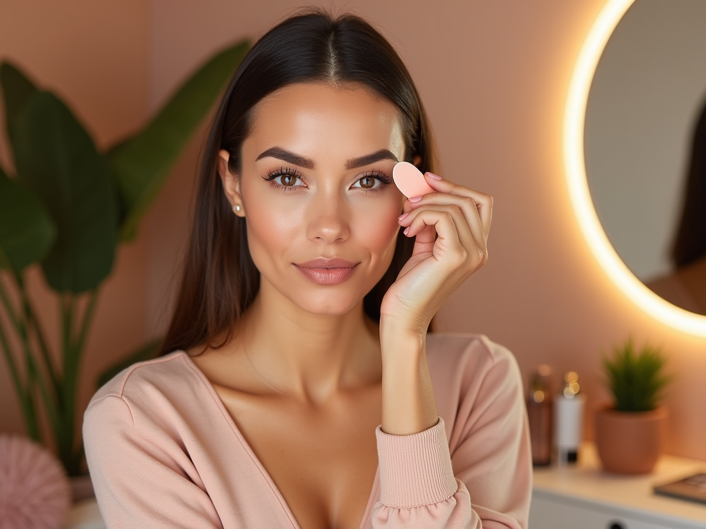 Woman with makeup holding a sponge, with a lit mirror and plants in the background.