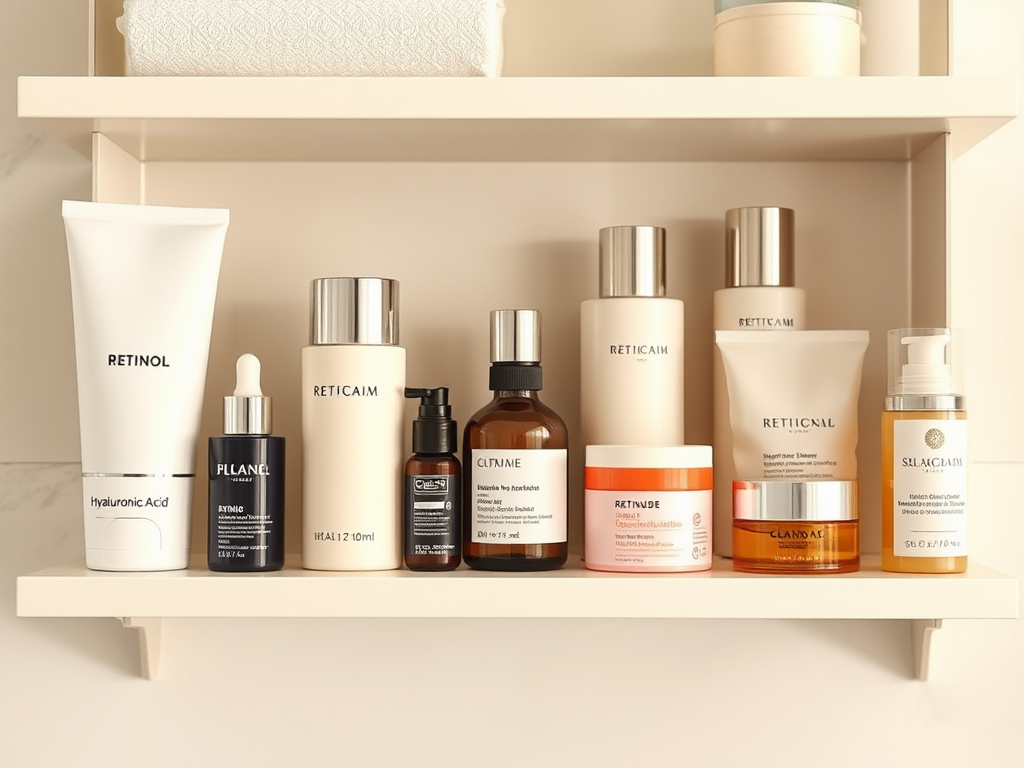 A bathroom shelf displaying various skincare products including retinol, serums, and moisturizers.