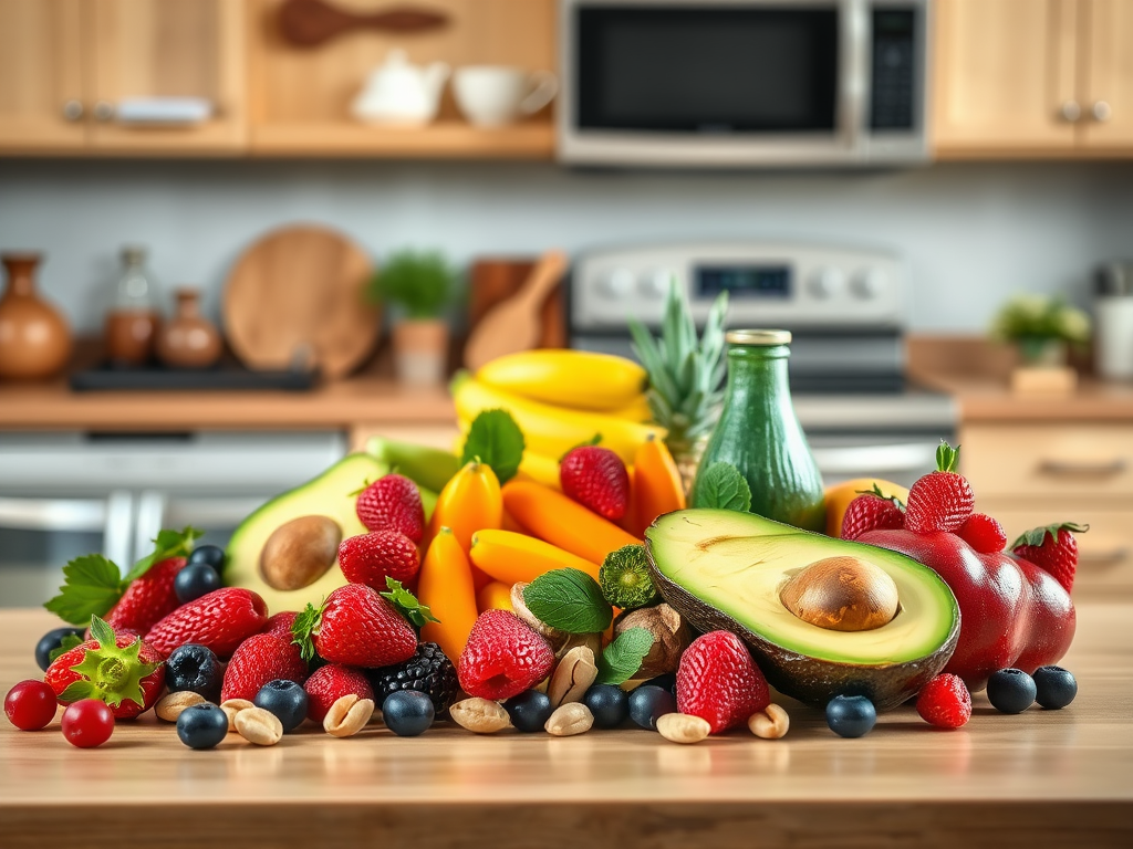 A vibrant assortment of fruits and nuts, including avocados, berries, bananas, and almonds, on a kitchen counter.