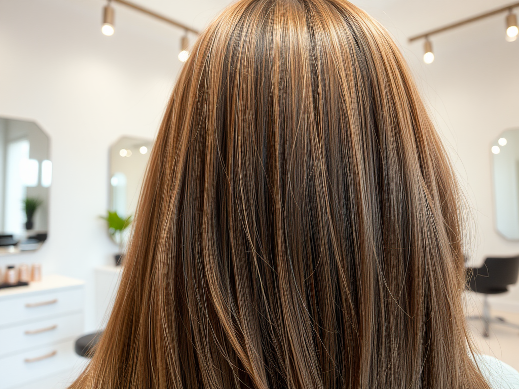 A close-up view of smooth, highlighted hair, with a modern salon background featuring mirrors and plants.