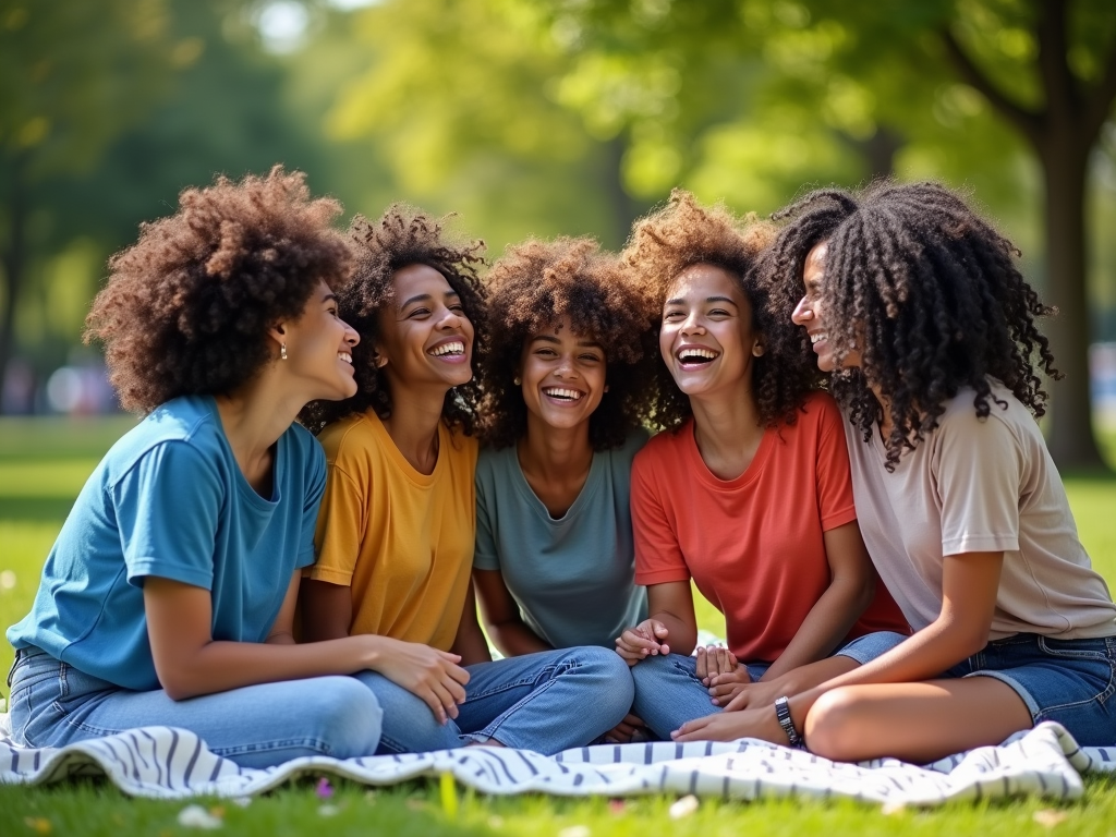 Five young women laughing joyously while sitting on a picnic blanket in a park.