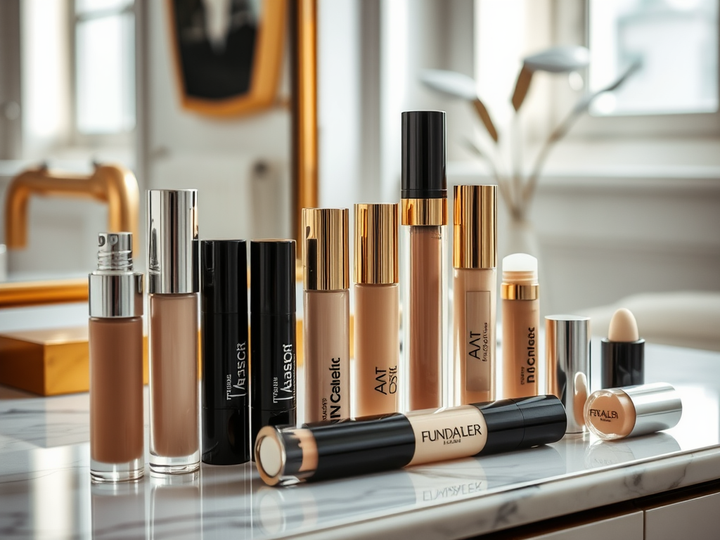 A collection of various foundation bottles displayed on a marble surface with a modern, airy background.