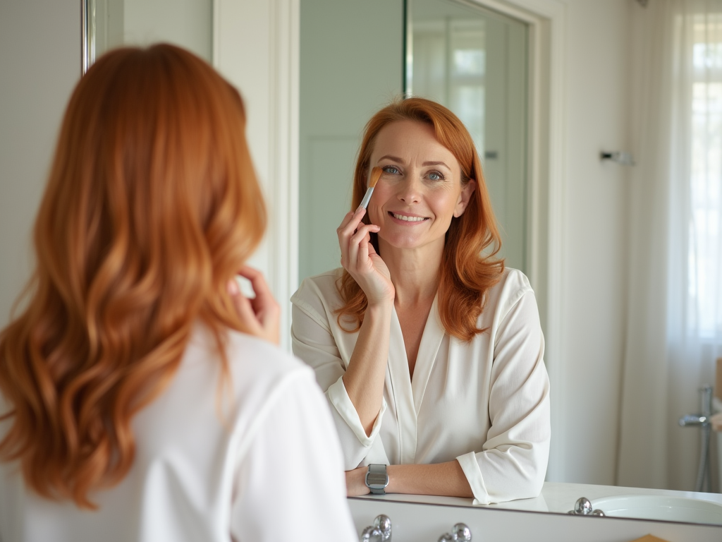 Red-haired woman applying makeup in mirror, smiling in a light-filled bathroom.