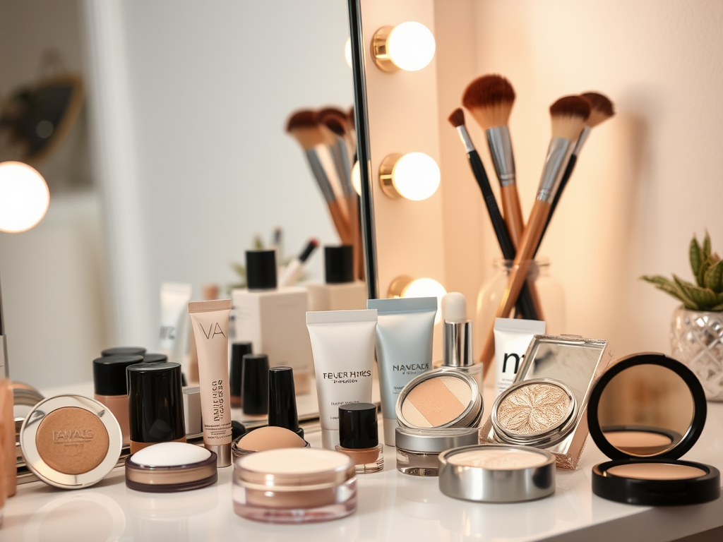 A cluttered vanity with various makeup products, brushes, and a mirror, illuminated by soft lighting.