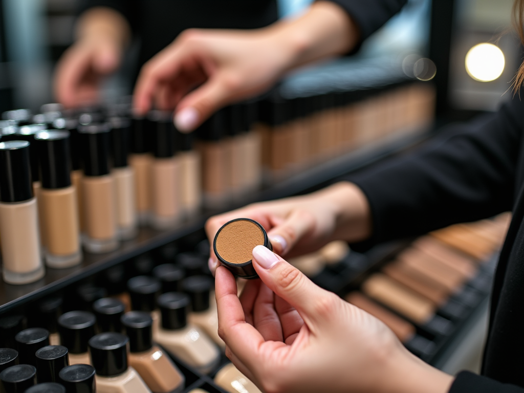 Hands holding a makeup pan over a display of foundation bottles in a cosmetics store.