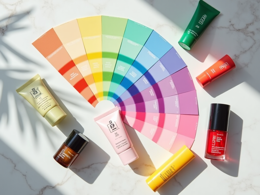 Colorful beauty products arranged with a fan of gradient color swatches on a marble surface.