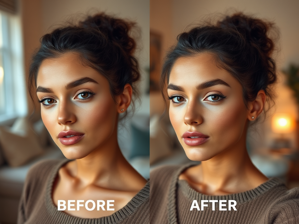 A split image of a woman showing "Before" on the left and "After" on the right, highlighting a makeup transformation.