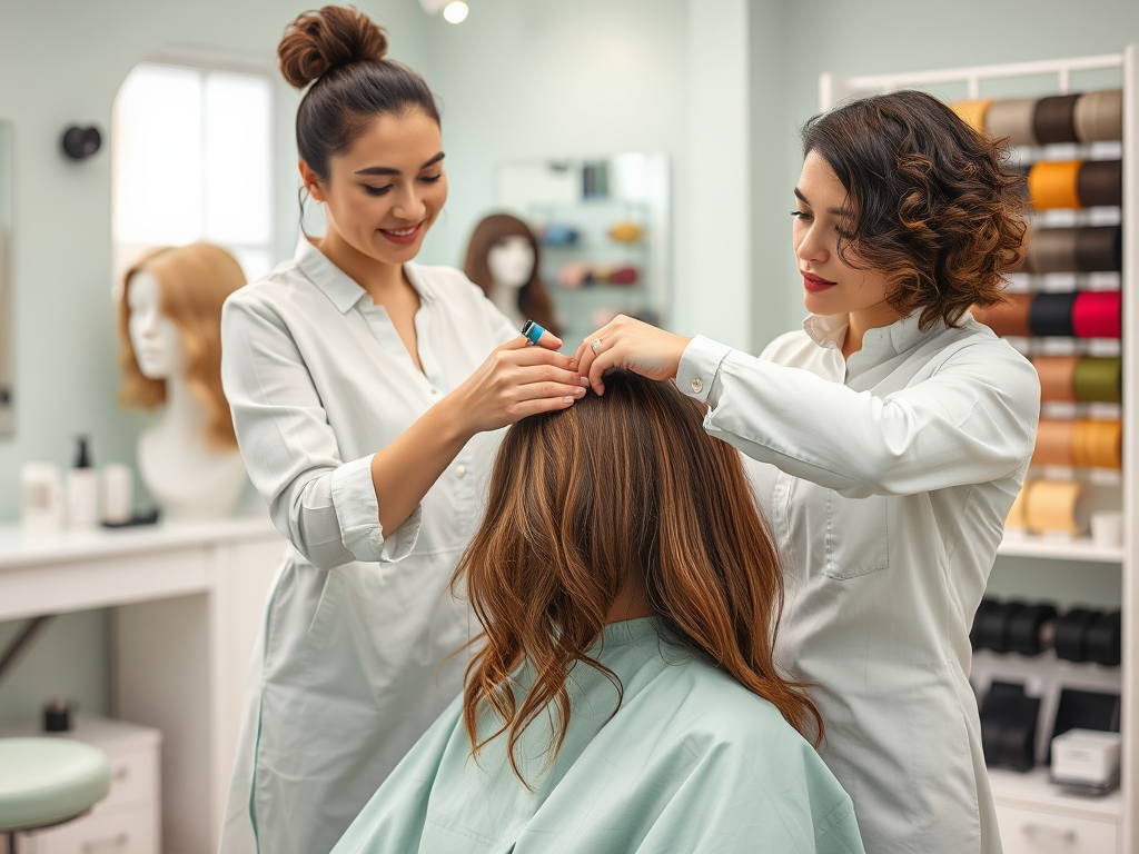 Two hairstylists work on a client's hair in a modern salon, showcasing professionalism and teamwork.